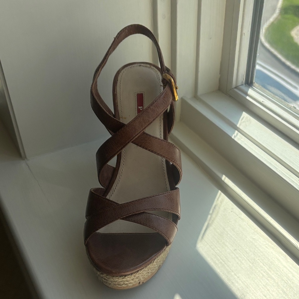 Prada Brown Leather Wedge Sandals